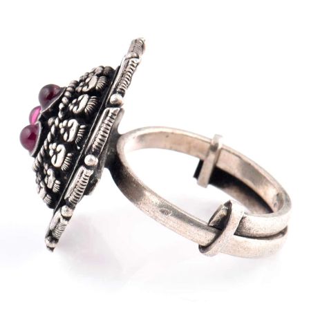 Embossed Motifs 92.5 Sterling Silver Ring Oxidized Party Wear For Women (Free Size)