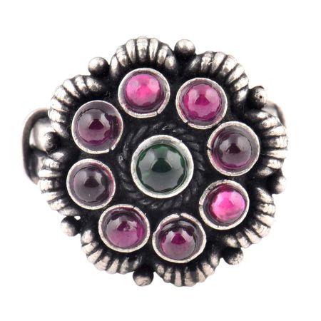 92.5 Sterling Silver Ring Round Amethyst stones and Onyx Studded Statement Ring (Free Size)