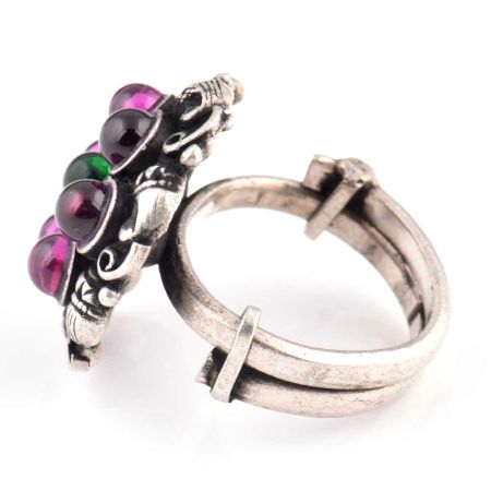 Engraved 92.5 Sterling Silver Ring Amethyst Stone Circle With Onyx Stone In The Centre (Free Size)