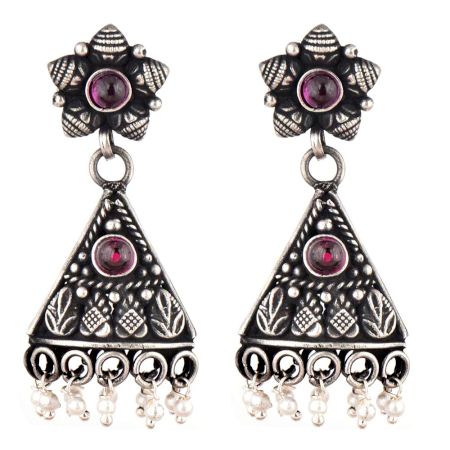 Floral Amethyst 92.5 Sterling Silver Earrings Engraved Leaves Pearl Tassel Danglers