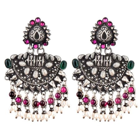 Engraved 92.5 Sterling Silver Earrings Chandbali Pink Howelite And Pearl Chandelier Earrings