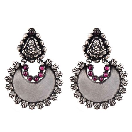92.5 Sterling Silver Earrings Chandbali Leafy Pattern Amethyst Stone Ring Border Dangler