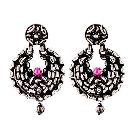 Black 92.5 Sterling Silver Earrings Small Embossed Motifs Fuchsia Chandbali Earrings