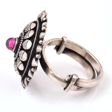 Adjustable 92.5Sterling Silver Ring Oxidized Starry Flower Design With Round Amethyst Stone