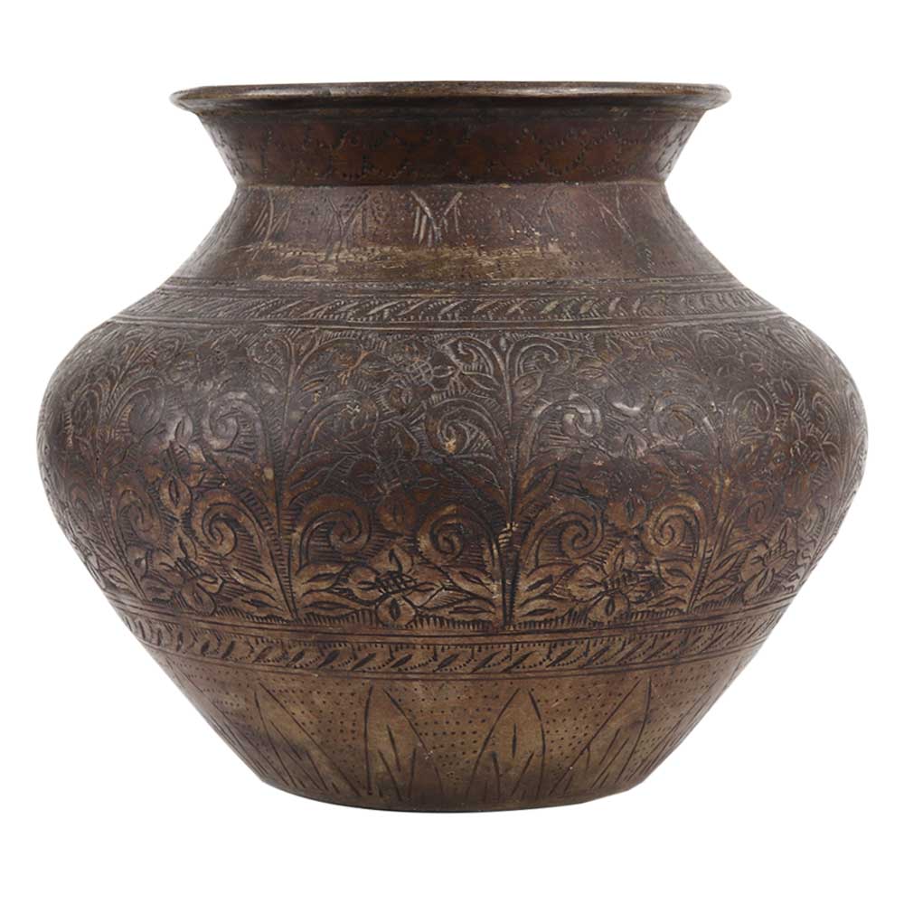 Old Brass Pot Engraved With Flowers And Leaves Pattern