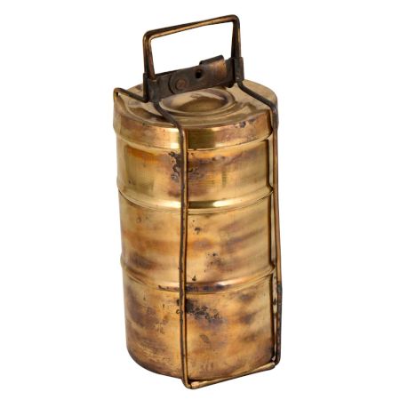 Old Brass Tiffin Box With Three Container and Patina Finish