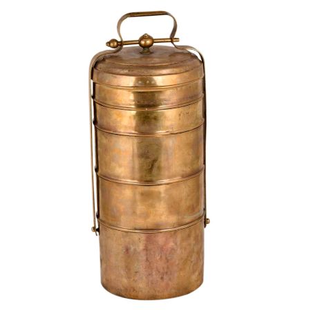 Brass Lunch Box With Four Container Knob Finial and Screw Fasteners Lock