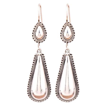 Long Tear Drop 92.5 Sterling Silver Earrings  With Tribal Engraved Pearl Shape Stud