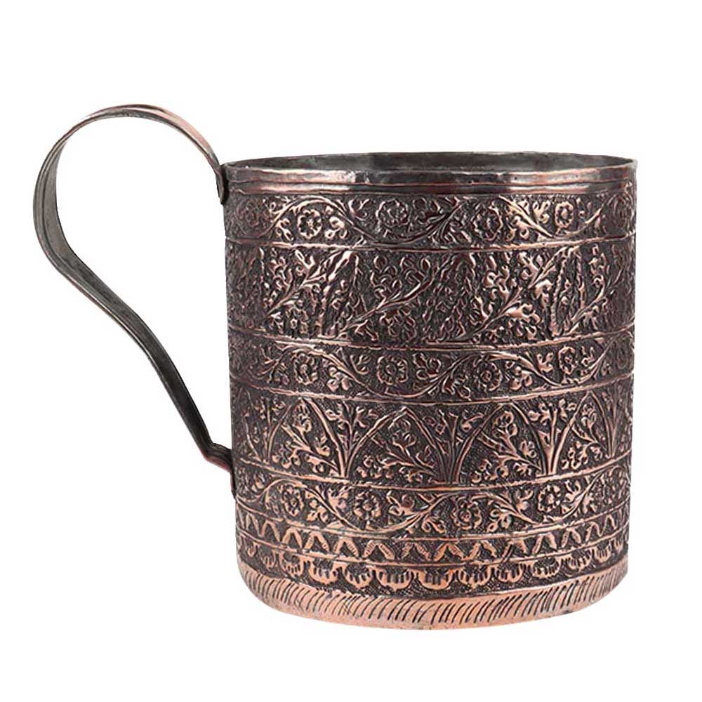 Copper Cup With Chiseled Floral Decoration And a wide Handle