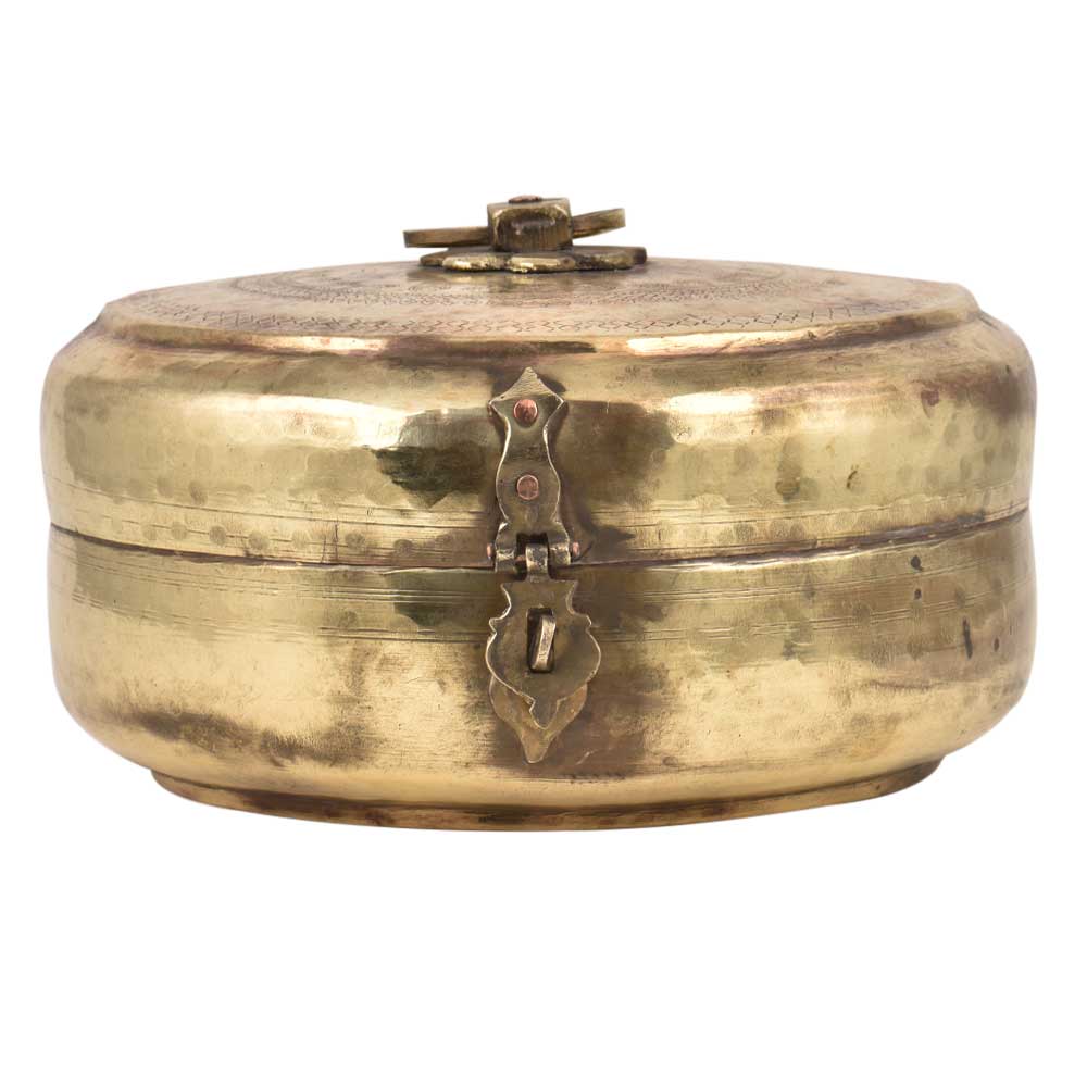 Round Brass Tiffin Box With Floral Carving With Decorative Latch