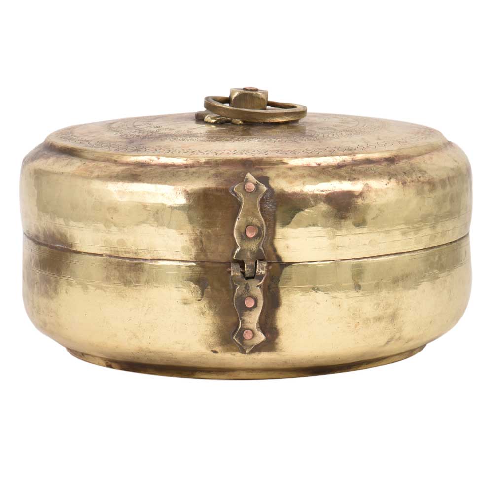 Round Brass Tiffin Box With Floral Carving With Decorative Latch