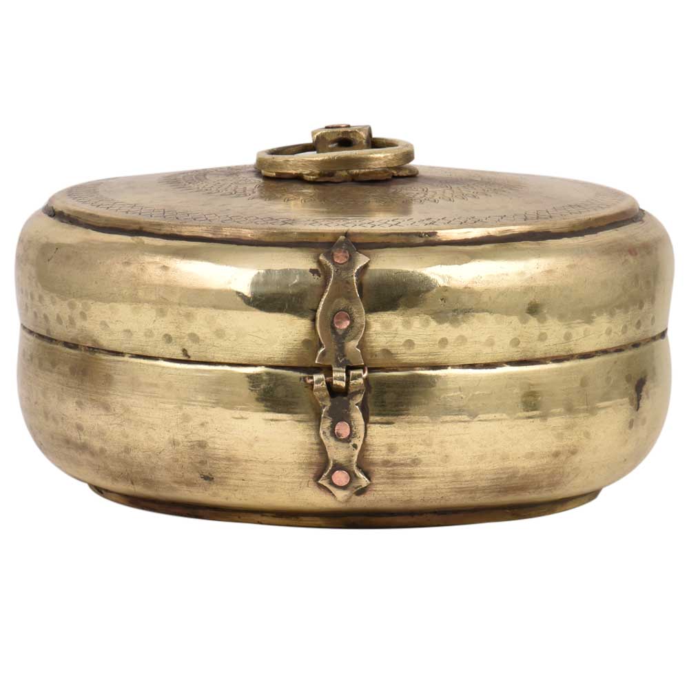 Traditional Round Tiffin Box With Engraved Design And A Latch