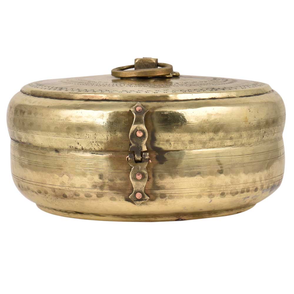 Golden Round Brass Tiffin Box Decorative lid With Handle And Latch