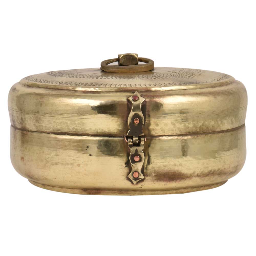 Traditional Motifs Engraved Round brass Tiffin Box With Latch