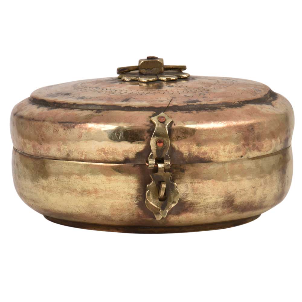 Old brass Round Brass Tiffin Box Engraved Design Handle And Latch