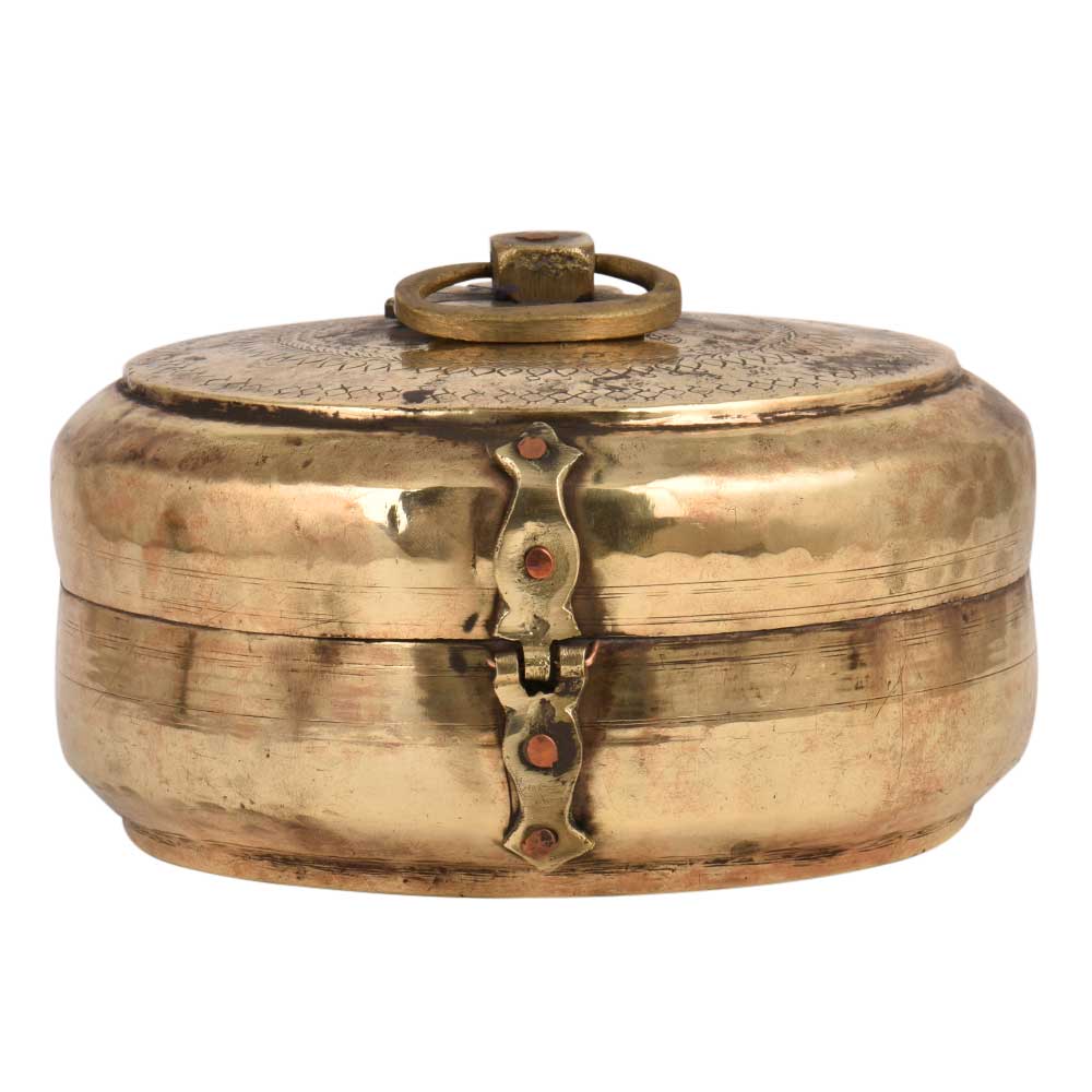 Used Round Brass Tiffin Box Engraved Beaded Design Handle and Latch