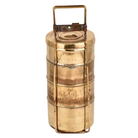 Four Compartment Brass Tiffin Box With A metal Frame And a Lock
