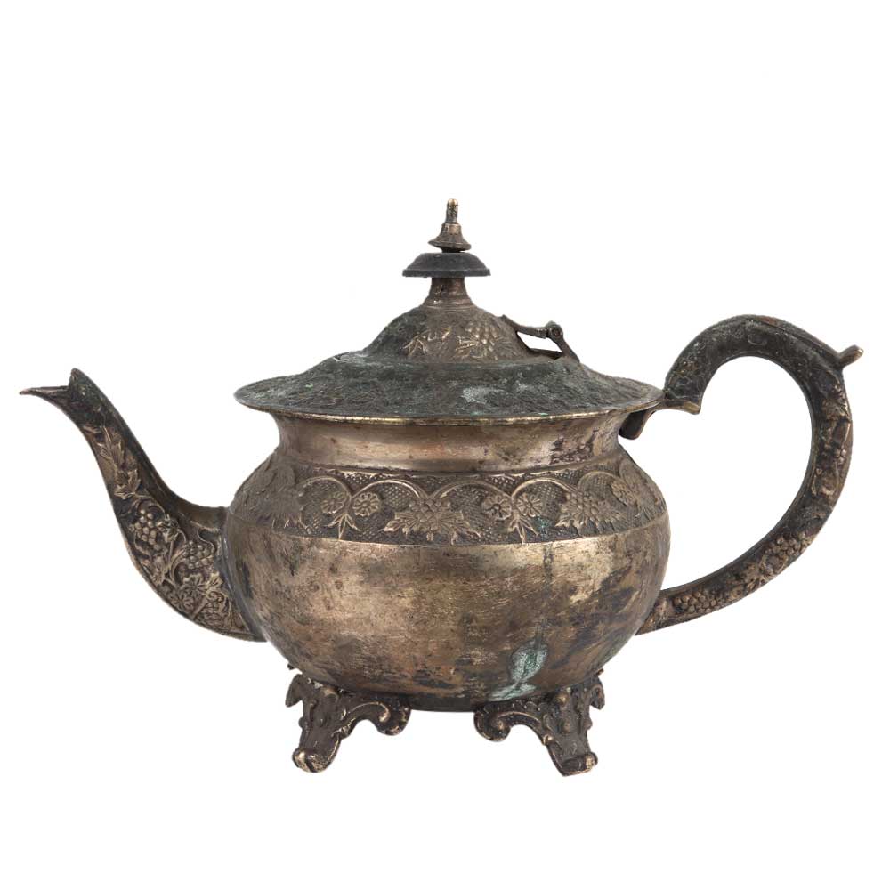 Old Brass Ornate Kettle Pot With Four Legs