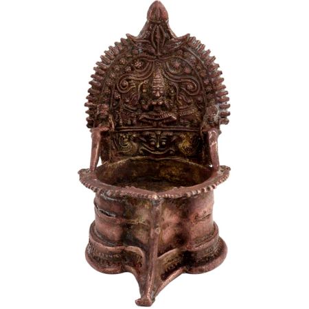 Ornate Brass Laxmi Oil Lamp Goddess Laxmi Motif And Two Elephants