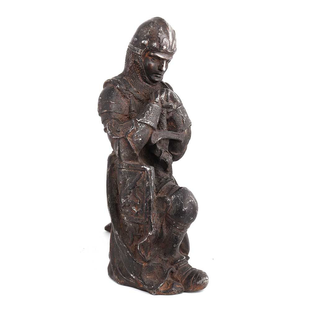 Brass Statue Kneeling Down European Warrior With Sword