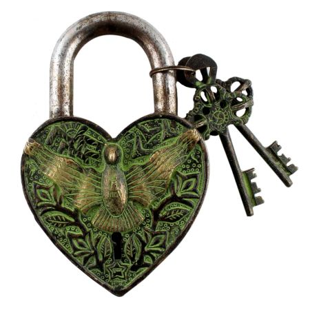 Brass Heart Shaped Bird Engraved Lock With Keys In Pair In Patina Finish