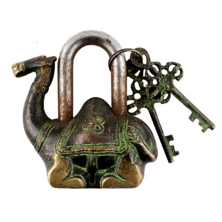 Brass Camel Padlock Lock With Keys In Pair Patina Finish
