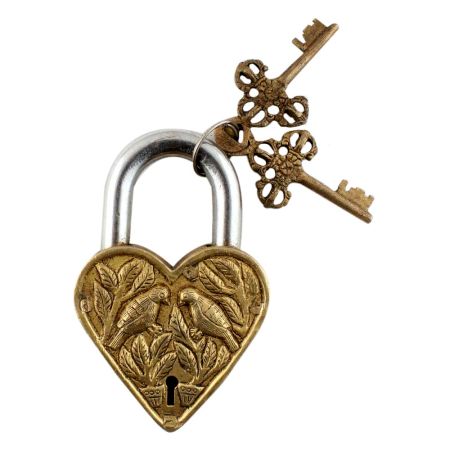 Brass Heart Birds Leaves Engraved Lock With Keys In Pair