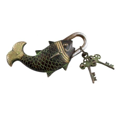 Brass Whale Fish Padlock Lock with Skeleton Key In Pair Patina Finish