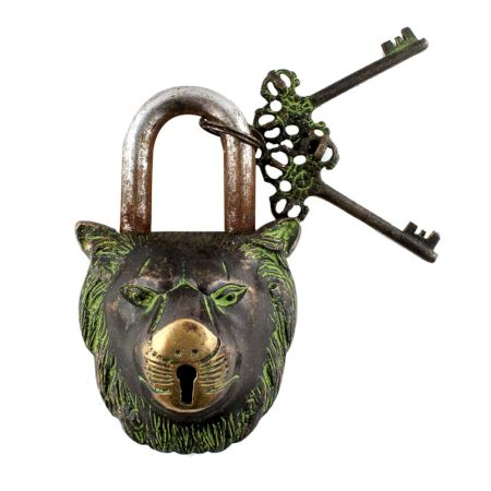 Brass Lion Shape Lock with Keys In Patina Finish