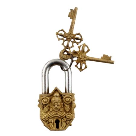 Brass Door Padlock Buddha Head Sculpture