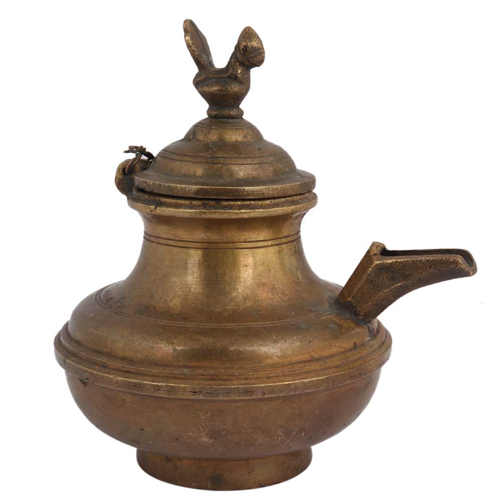 Brass Unusual Oil Or Water Pot With Peacock On lid