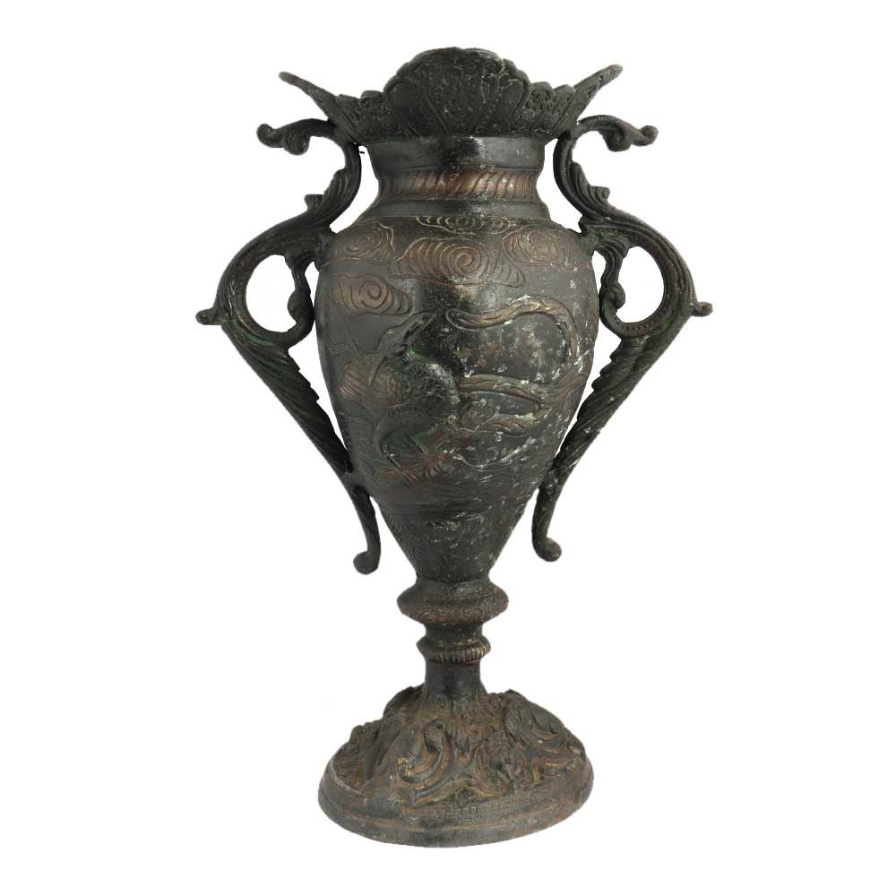 Black Brass Urn Flower Vase Birds Engraved Pattern With Swirl Peacock Handles