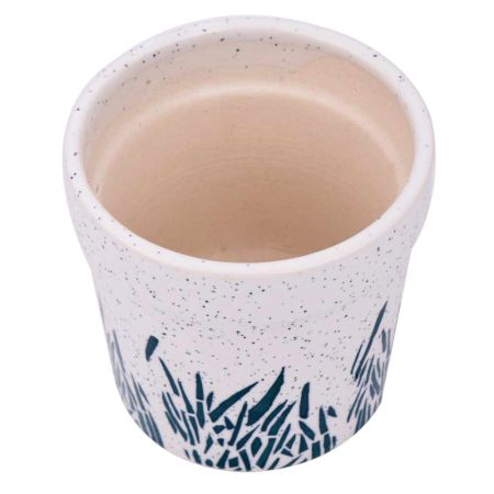 White Ceramic Pot For Indoor Plants With Hand Painted Leaves