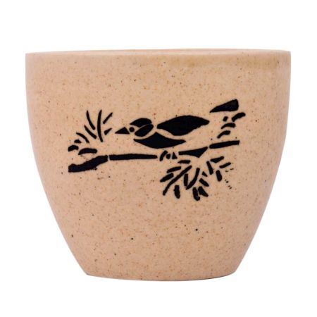 Beige Ceramic Pot With Hand painted Black Bird On Branch