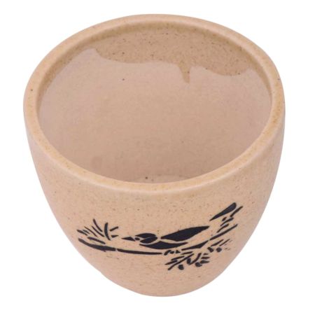 Beige Ceramic Pot With Hand painted Black Bird On Branch