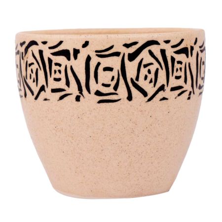Beige Ceramic Pot With Hand painted Black Abstract Design