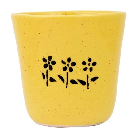 Yellow Ceramic Pot With Hand painted Black Flowers