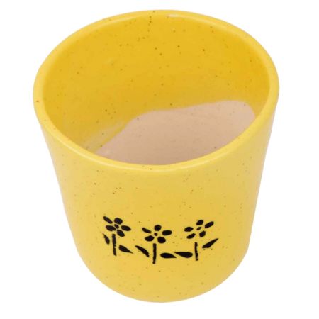Yellow Ceramic Pot With Hand painted Black Flowers