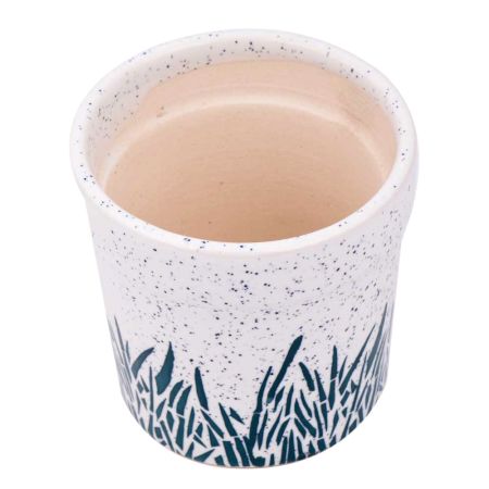 White Cylindrical Ceramic Pot Hand painted Leaves Design