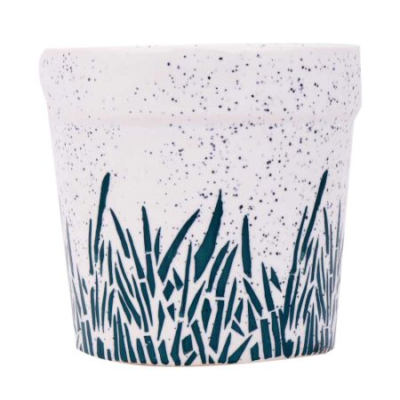 White Cylindrical Ceramic Pot Hand painted Leaves Design