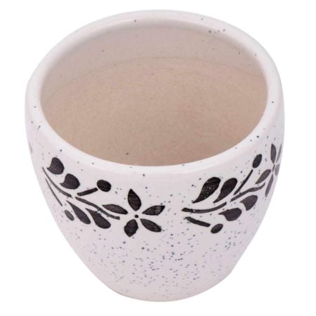 Fresh White Ceramic Pot Hand painted Black Floral Border on Top