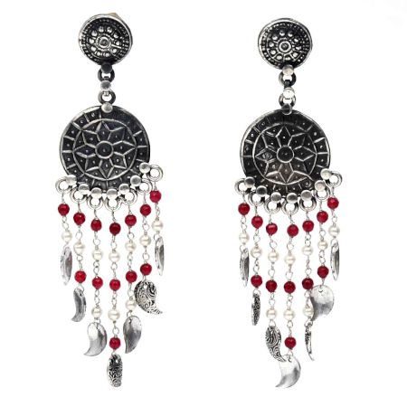Handmade Oxidized Silver Dangle Earrings for Women And Girls With Red Stones