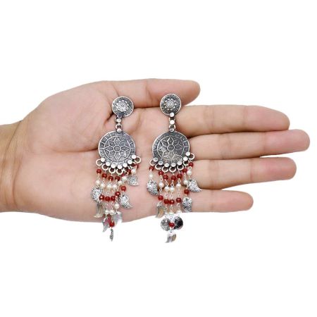 Handmade Oxidized Silver Dangle Earrings for Women And Girls With Red Stones