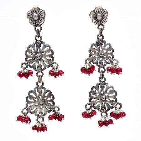 Handmade Oxidized Silver Floral Design Red Stone Dangle Earrings for Women and Girls