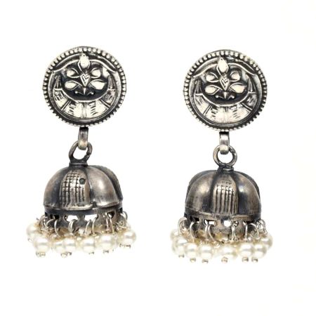 Handmade Oxidized Silver Engraved Jhumki Earrings With Pearl Bead Hangings