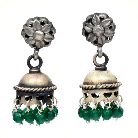 Handmade Oxidized Silver Stud Jhumka Earrings for Girls and Women With Green Beads