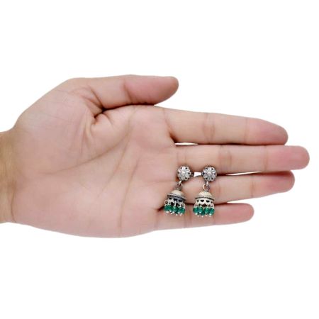 Handmade Oxidized Silver Stud Jhumka Earrings for Girls and Women With Green Beads