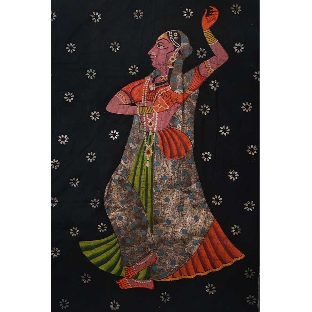 Pichwai Painting Of Lord Krishna with Gopies Floral Motifs On Black Cloth