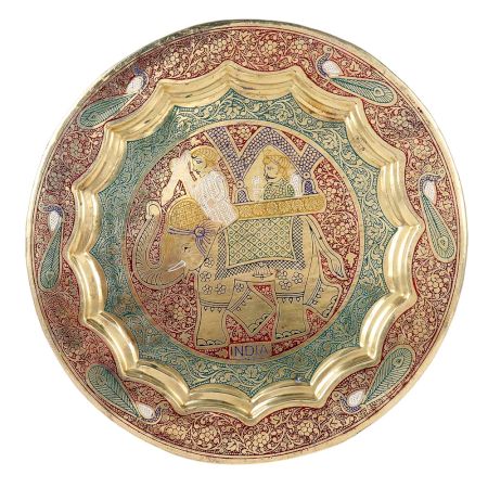Brass Wall Hanging Plate Elephant Rider Design Inlay Work