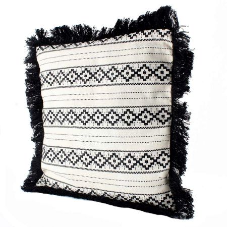 Black And White Cushion Cover With Blue Fringe On Border